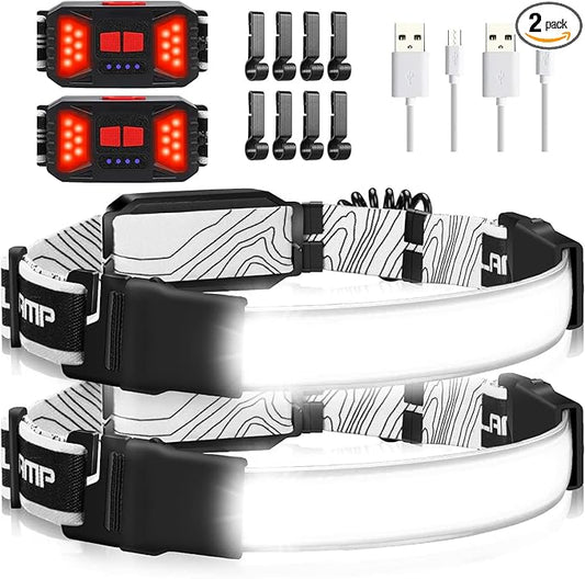 Rechargeable Headlamp, 230°Wide-Angle 1000 Lumens Headlamp Flashlight with Red Taillight 3 Light Modes Lightweight LED Head Lamp Adjustable Waterproof Head Light for Running Cycling (Black(2-Pack))