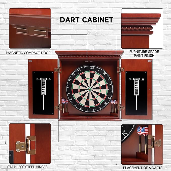 GSE Games & Sports Expert Professional Solid Wood Classic Dartboard Cabinet with Sisal/Bristle Dartboard, Scoreboard, and 6 Steel Tip Darts, Easy Assembly Complete with All Accessories (Premium Brown)
