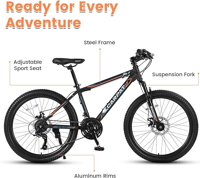 24/26 Inch Mountain Bike, 21 Speed Mountain Bicycle with High Carbon Steel Frame, Dual Disc Brakes and Front Suspension, MTB Bike for Adult Teenagers Boys Girls