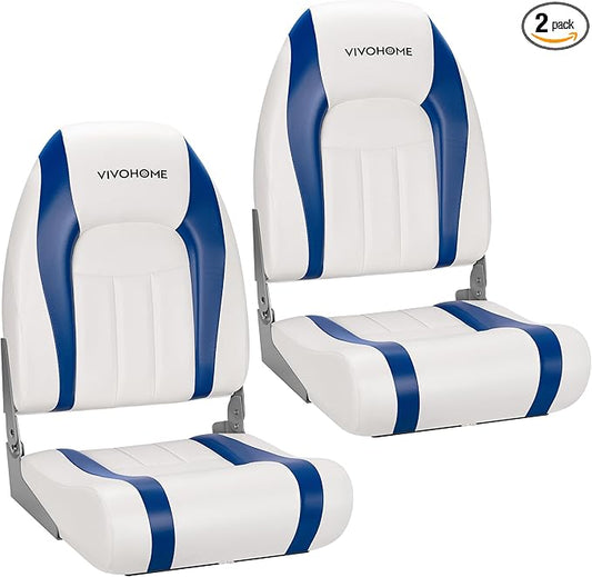 VIVOHOME Folding High Back Boat Seats 2 Pack, Waterproof Boat Captain Chairs, 4 Mounting Screws Included, White and Blue