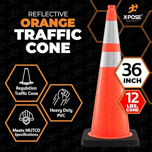 Xpose Safety 36 Inch Orange Traffic Cones Heavy Duty 12lb with 6" & 4" Collars, 48 Pack - Multipurpose PVC Plastic Safety Cone for Parking, Soccer, Caution, Kids and Construction - DOT Approved