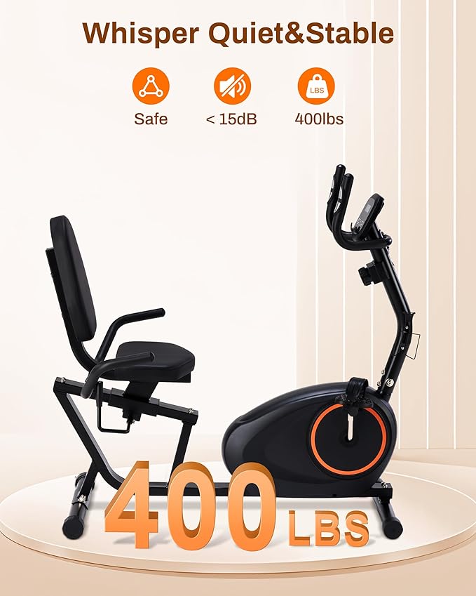 Recumbent Exercise Bike for Home with Quiet 16 Levels Magnetic Resistance, Recumbent Bike for Seniors & Adults with 400LBS Weight Capacity, Large Comfortable Seat, Backlit LCD Monitor, and Pulse Sensor