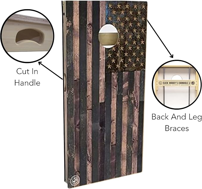 Slick Woody's Professional-Grade Cornhole Boards - 4'x2' Solid Wood Regulation Woodgrain Flag Bean Bag Toss Game with 8 Resin Filled Bags