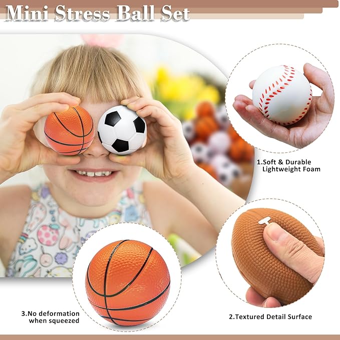 60 Pieces Sports Stress Balls for Kids Mini Footballs Ball, Soccer, Basketball, Baseball Foam Squeeze Stress Balls for Anxiety Relief Relaxation, Sport Party Favor Class Prize Birthday Pet Toys