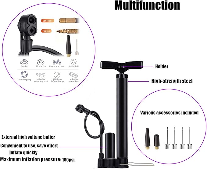 VIMILOLO Bicycle Pump, Bike Floor Pump with Gauge Inflator for Presta and Schrader Valve Portable Tire Pumps for Ball Bike Pumps