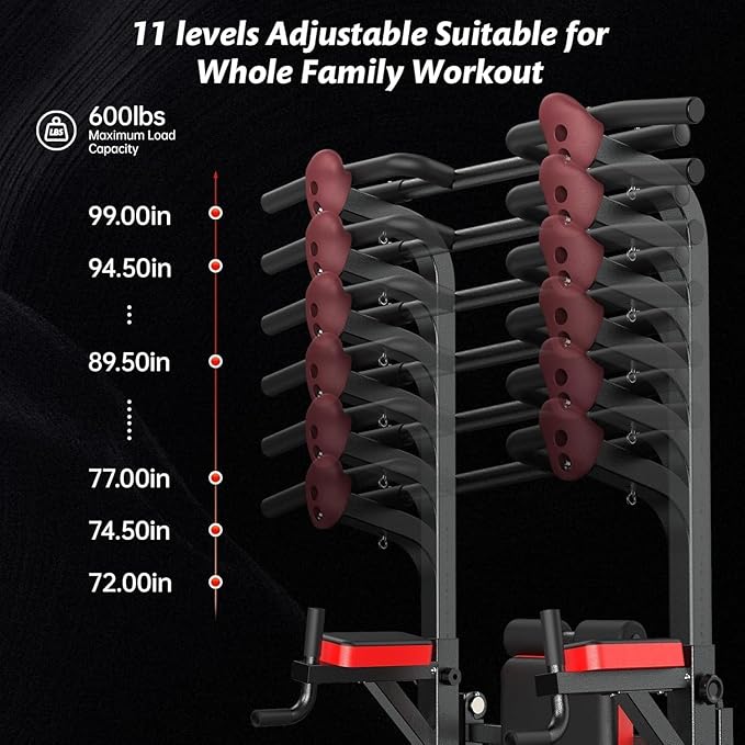 Pooboo Power Tower Dip Station Pull Up Bar for Fitness Home Gym Workout,Multi-Function Adjustable Height Fitness Strength Training Exercise Equipment,with Power Elastic Ropes