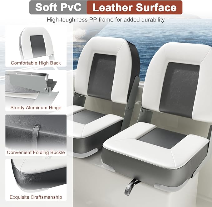 2-Pack 20" High Back Boat Seat with Thickened Sponge Padding and Hinge, Waterproof Boat Captain Chairs, Easy to Store, Ideal for Fishing, Sightseeing, Boating Grey