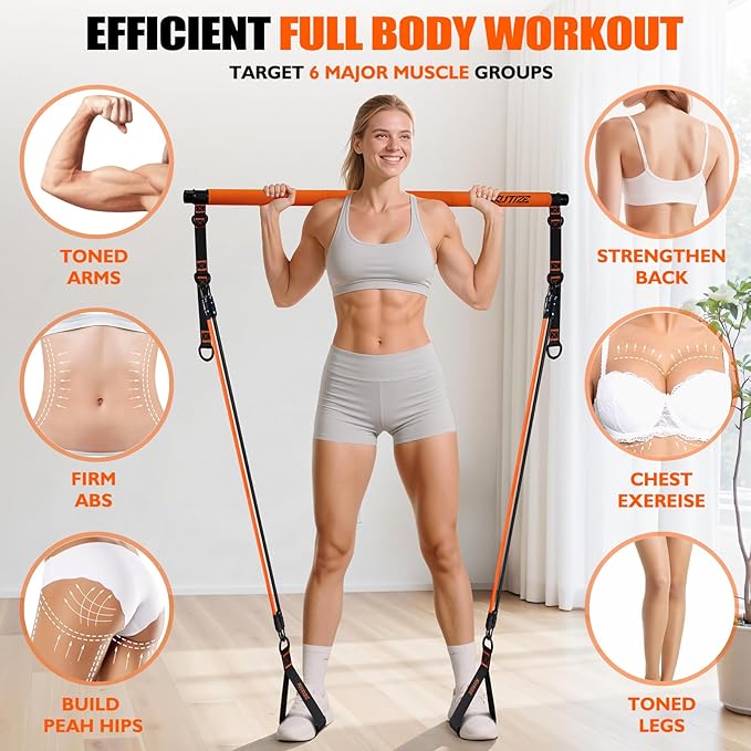 Pilates Bar Kit with Resistance Bands, Pilates Equipment, Multifunctional Pilates Bar for Women & Men, Pilates kit for Hip, Back, Arm, Full-Body Workouts, Home Gym Strength Training Equipment