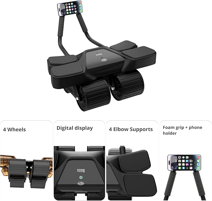 2025 New 4-Wheel Abdominal Roller with Elbow Support : Latest Upgraded High-Performance Exercise Machine With Automatic Rebound, Multi- layered Anti-Slip Design with Calorie Counting LCD Screen