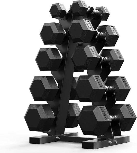 PAPABABE Dumbbell Set with Rack, Rubber Encased Hex Dumbbell Free Weights Dumbbells Set with Storage Rack, Home Weight Set