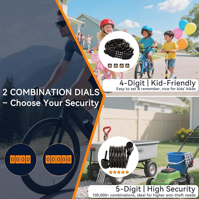 SEPOX® 2Pcs Pack 6FT Extra Long Cable Combination Bike Locks, 4 Digits Retractable Security Lock, 12mm Heavy Duty Anti Theft Anti Rust Cable for Bicycle, Scooter, Gate, Outdoor Equipment, Weatherproof
