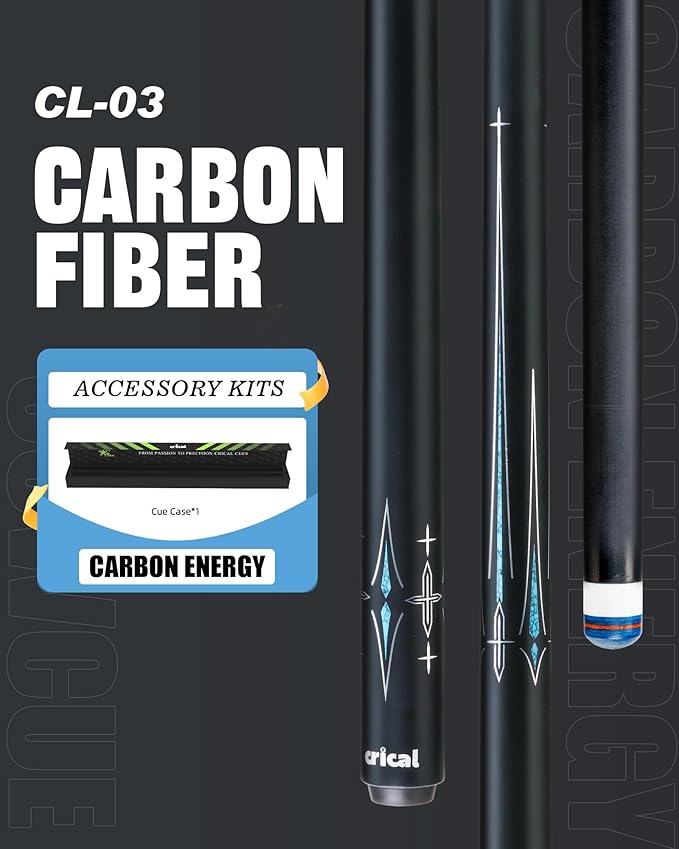 CRICAL Carbon Fiber Pool Cue Stick 58" Billiard Cue Sticks Professional Low Deflection Pool Sticks with 3/8 * 8 Pin Joint and 12.5mm Tip
