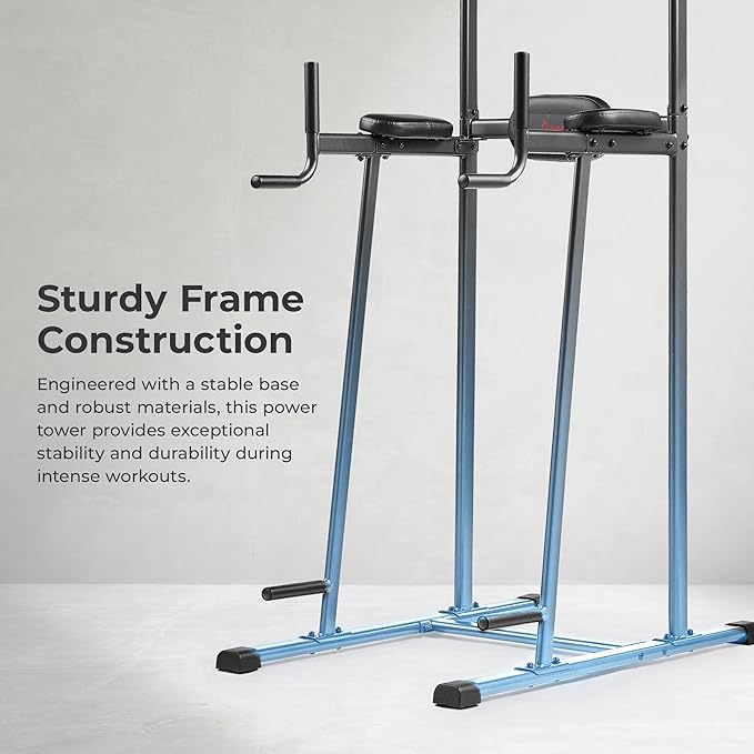 Sunny Health & Fitness Power Tower, Dip Bar, Push-Up & Pull Up Assisting Parallette Station w Optional Rock Climbing Grip Trainer