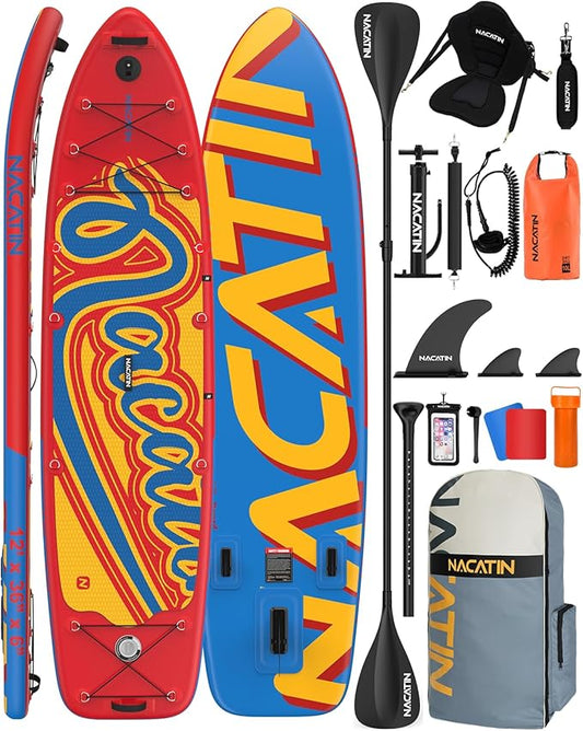 Inflatable Stand Up Paddle Board 12' with Kayak Seat & Dual Paddles – Premium SUP Board for Adults & Families Includes Kayak Conversion Kit, Pump, Leash & Accessories – Stable Wide Deck for Beginners