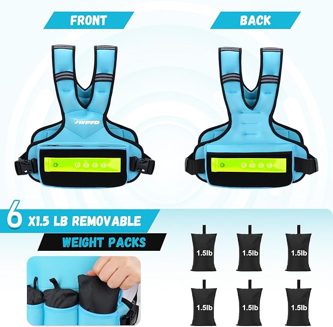 Adjustable Weighted Vest for Women Men, 6-15 Lbs Rucking Vest with LED Light Strips, Weight Vest with 6 Ironsand Weights, and Zipper Pocket for Strength Training, Walking, Running