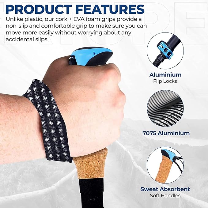 Adventure Pro Trekking Poles for Hiking - Anti Slip Collapsible Walking Sticks for Travel with Cork and Eva Grip, Lightweight Hiking Poles for Men and Women, 2 Sticks in 1PACK