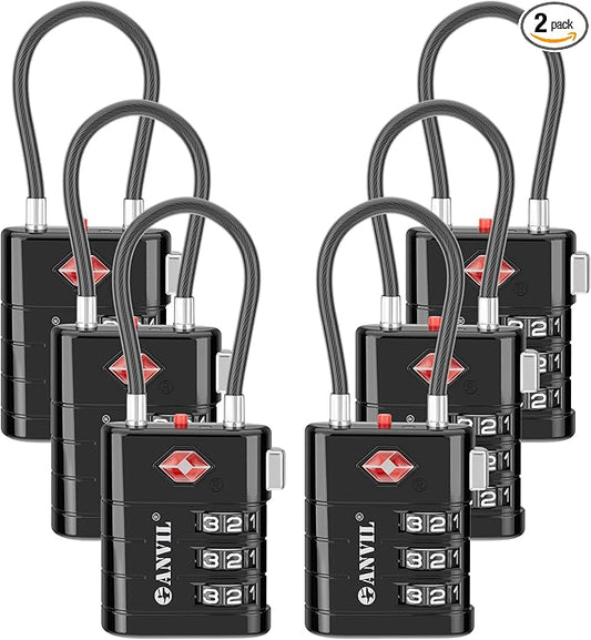 ANVIL TSA Approved Luggage Locks – High Security TSA008 Combination Travel Locks with Inspection Indicator for Suitcases and Backpacks. (6, Black)