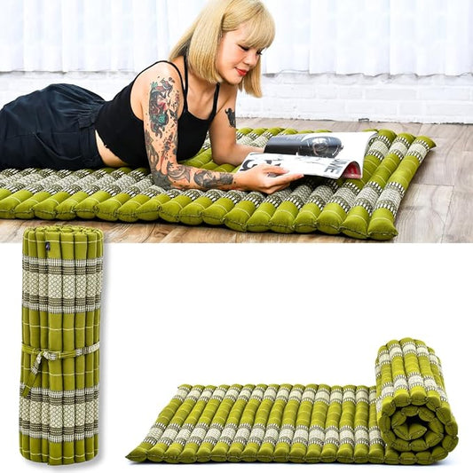 Leewadee - Kapok Roll Mat – Handcrafted Folding Sleep & Relaxation Mattress from Thailand, Ideal as Guest Bed, Camping Mat, Yoga Mat or Traditional Futon, 75 x 39 inches, Green