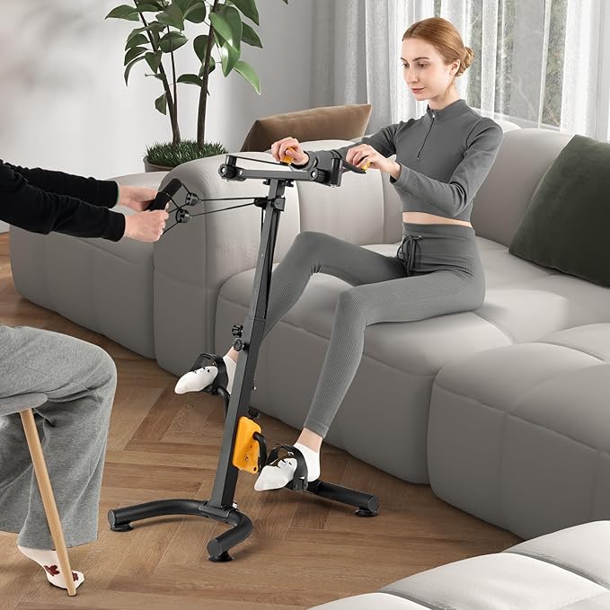 Goplus Foldable Pedal Exerciser for Seniors, Hand Arm Leg Knee Physical Therapy Exercise Bike w/Adjustable Height, Handgrip, Resistance Band, Recovery Home Workout Equipment for Elderly