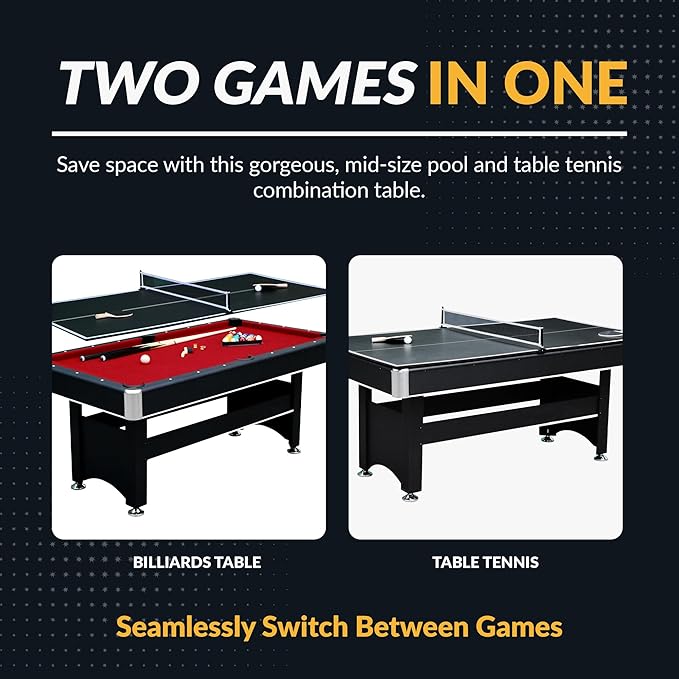 Hathaway Spartan 6 Ft Pool Table, with Ping Pong Multi Game Combo Tables for Family Recreation Game Rooms - Includes Billiard Balls, Cues, Paddles, Brush & More