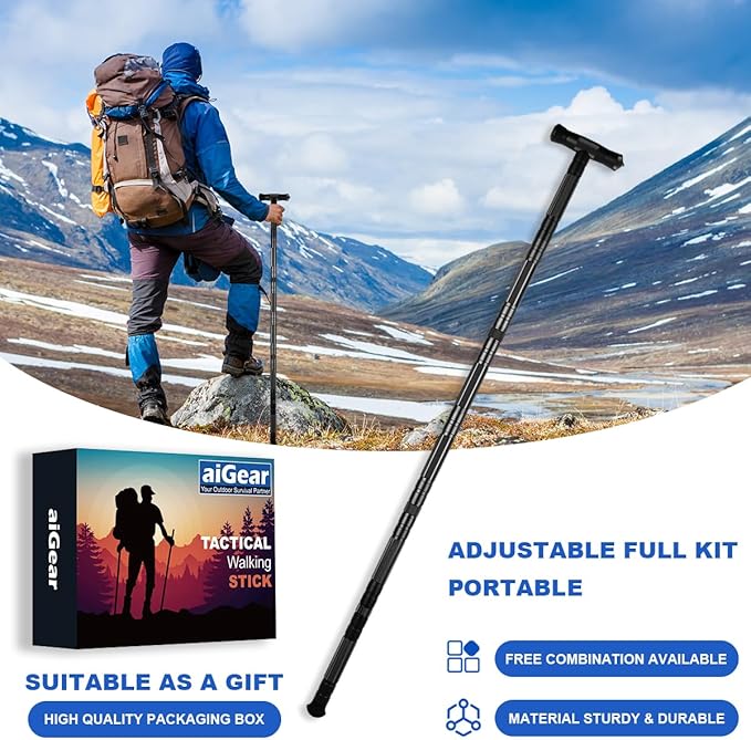 aiGear Hiking Walking Stick with 3 Survival Tool Tactical Walking Staff Adjustable Outdoor Trekking Poles for Survival Camping Hiking