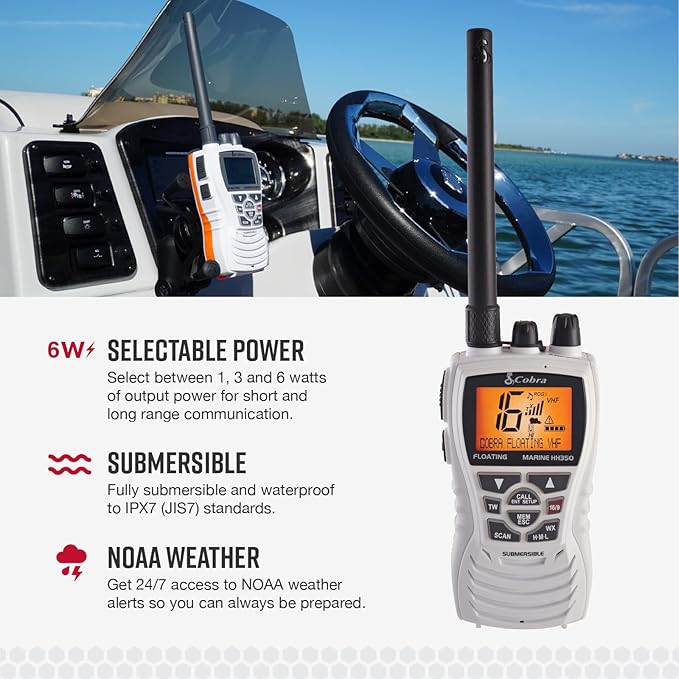 Cobra MR HH350 FLT Handheld Floating VHF Marine Radio - 6 Watt, Submersible, Noise Cancelling Mic, Backlit LCD Display, NOAA Weather, and Memory Scan, White