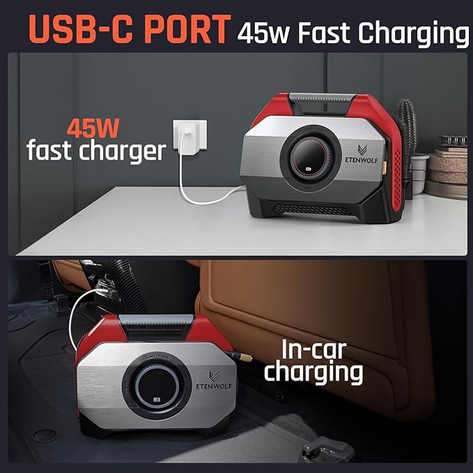 ETENWOLF VORTEX S6 Tire Inflator Portable Air Compressor for Heavy-duty Vehicle, Cordless Air Pump for Car & Inflatables with 19200 mAh Battery, 100% Duty Cycle & Dual Cylinder Bike Pump, Red