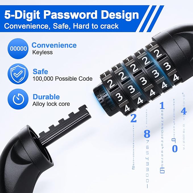 NDakter Bike Chain Lock, 5 Digit Combination Heavy Duty Anti Theft Bicycle Chain Lock,2.62/3.2/4.27/5/6Ft Long Security Resettable Bike Locks for Bike, Bicycle, Scooter, Door, Gate, Fence-4/6mm Thick