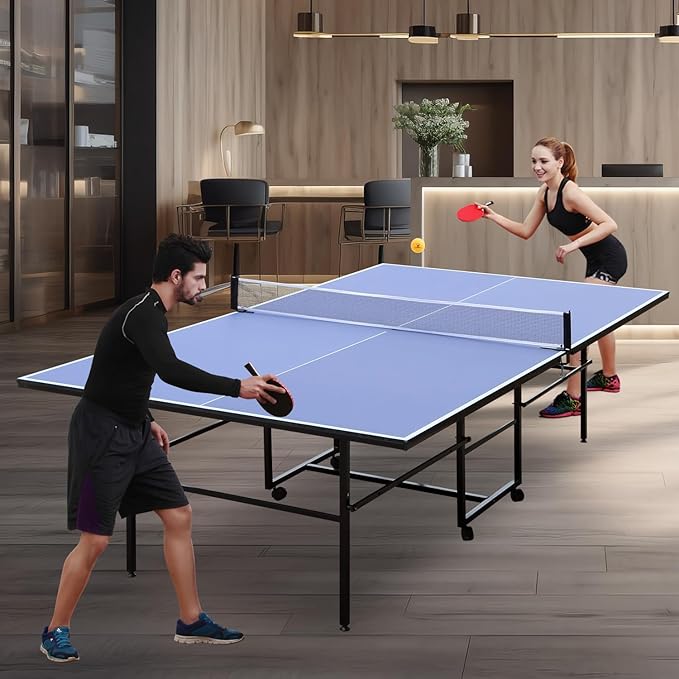 Professional Table Tennis Table, Foldable Ping Pong Game Set for Indoor, 8FT 9FT Single Player Playback Mode Ping Pong Table with Net and Post Set, 2 Paddles and 3 Balls