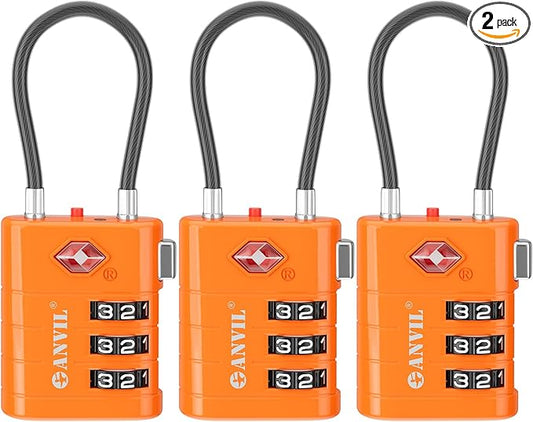 ANVIL TSA Approved Luggage Locks – High Security TSA008 Combination Travel Locks with Inspection Indicator for Suitcases and Backpacks. (3, Orange)