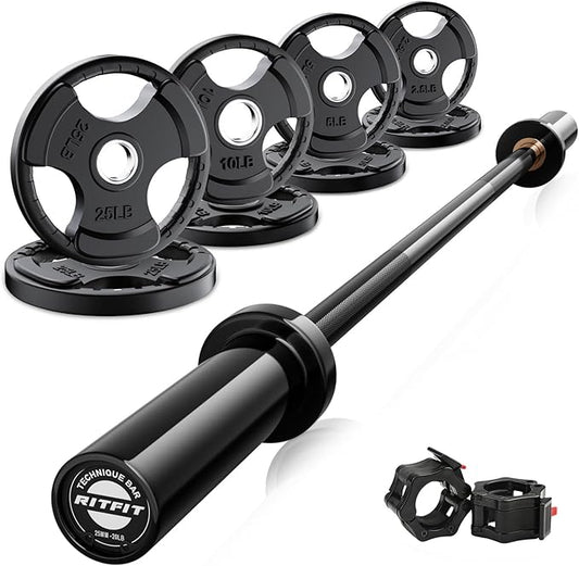 RitFit Barbell Weight Set - 4/6FT Olympic Barbell with Weight Plates (55-275LB Total) - Weightlifting Equipment for Squats, Curls, Deadlifts, Presses, Hip Thrusts