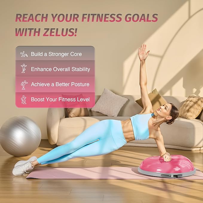 ZELUS 25in. Balance Ball | 660lb Inflatable Half Exercise Ball Wobble Board Balance Trainer w Nonslip Base | Half Yoga Ball Strength Training Equipment w 2 Bands, Pump, Extra Ball Included