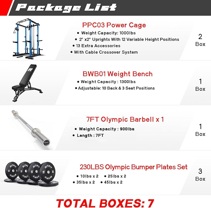 RitFit Multi-Function Squat Rack Power Cage PPC03 with Cable Crossover System, 1000LBS Capacity Power Rack and Packages with Optional Weight Bench, Barbell Weight Set, for Garage Workout & Home Gym