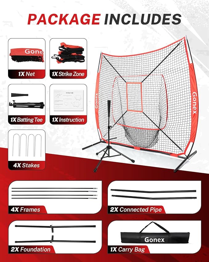 Gonex 7' x 7' Baseball Softball Practice Net Set with Batting Tee for Hitting and Pitching Batting, Practice Training Aid, with Strike Zone, Large Mouth, Bow Frame, Carrying Bag