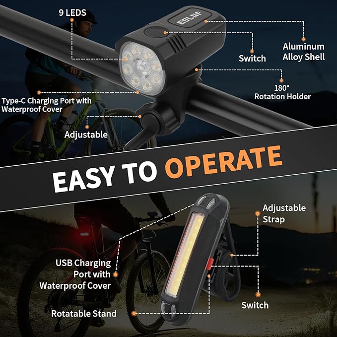 Bike Light for Night Riding, 2000LM/1000LM Bicycle Headlight & Taillight, Multiple Modes,3000mAh/2000mAh USB C Rechargeable Waterproof LED Bright Bike Headlights for Cyclists and Commuters