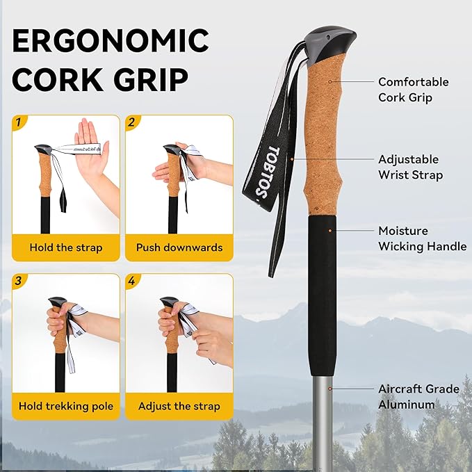 TOBTOS Trekking Poles, 2 Pack 7075 Aluminum Walking Sticks with Quick Lock, Lightweight Adjustable Hiking Sticks, Comfortable Cork Grips for Hiking, Walking & Camping