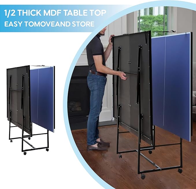 9FT Mid-Size Table Tennis Table, Professional Foldable Ping Pong Table for Indoor & Outdoor with Net, 2 Table Tennis Paddles and 3 Balls - Perfect for Family Game Rooms