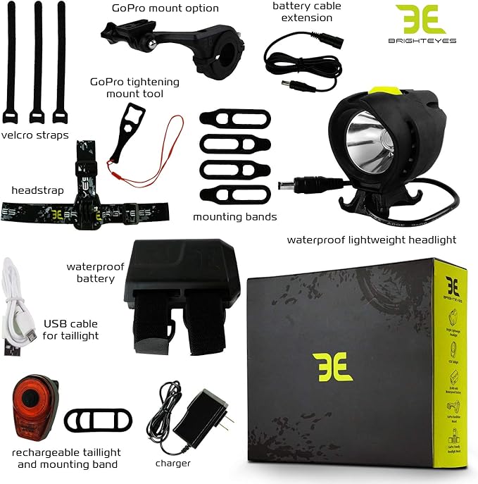 BRIGHT EYES 1800 Lumen Bicycle Light Set - The Stamina - Super Bright Headlight w/Quad Cree Technology and Light Weight Military Grade Nylon Shell - Free USB Rechargeable Taillight