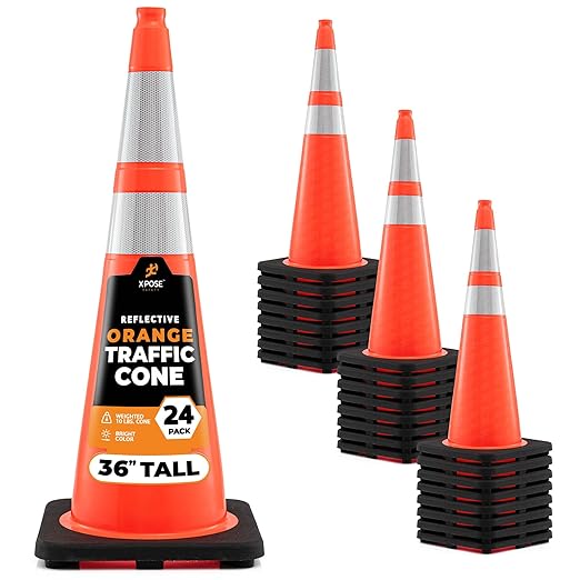 Xpose Safety 36 Inch Orange Traffic Cones with 6" & 4" Collars, 24-Pack - Multipurpose PVC Plastic Safety Cone for Parking, Soccer, Caution, Kids and Construction - DOT Approved