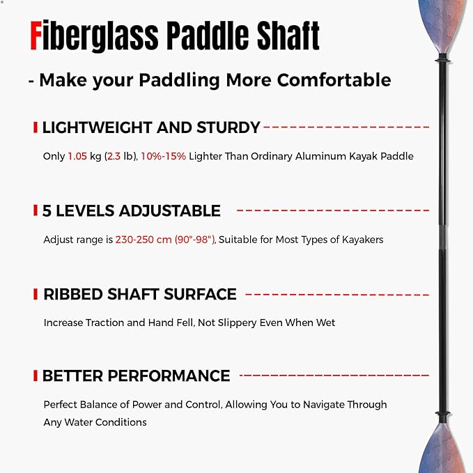 Kayak Paddle with Fiberglass Shaft and Reinforced Nylon Blade, Adjustable Kayaking Oars, 3 Piece, 230-250 cm/90-98 inches, 210-230 cm/82-90 inches