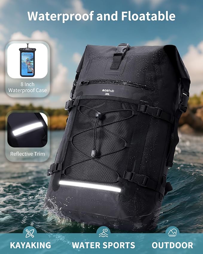ECOHUB Waterproof Backpack for Women Men, 30L Roll-Top Closure Heavy Duty Dry Bag for Travel with IPX8 Waterproof Phone Case