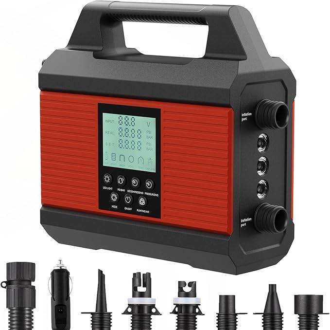 20PSI Paddle Board Pump, Sup Pump Electric Portable with Auto-Off/Deflation, Dual Stage 12V DC Car Connector Air Pump for Inflatables, Kayak and Air Mattress