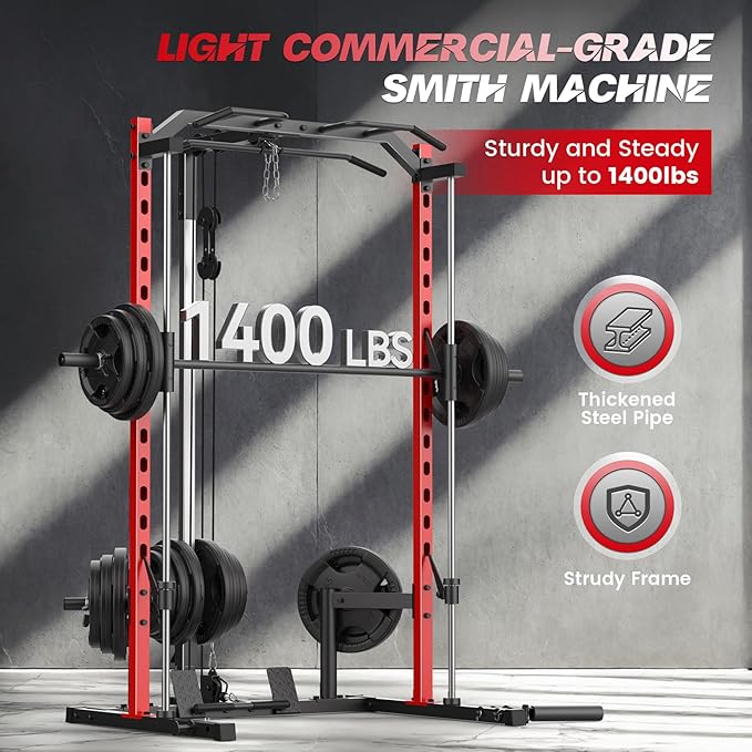 Smith Machine with LAT-Pull Down, Multi-Functional Smith Machine, Power Cage with Cable Crossover, Squat Rack with Landmine, Barbell Bar, Plate Storage Pegs and More Training Attachment