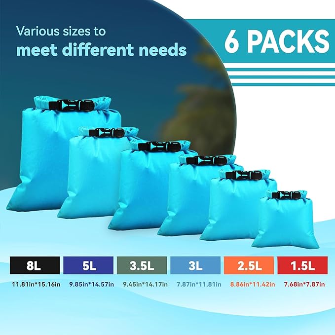 6PCS Dry Bags Waterproof, Lightweight Dry Bags for Kayaking Waterproof，Outdoor Waterproof Bag for Kayaking Hiking Boating Camping