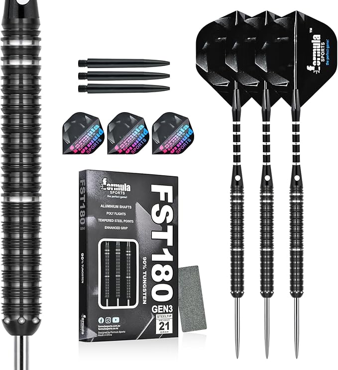 Formula Sports 90% Tungsten Darts Metal Tip Set 21g/22g/23g/24g, Professional Steel Tip Darts Set with Aluminum Shafts, Tungsten Barrels, Extra Flights, Dart Sharpener, Gift Box