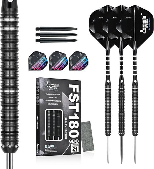 Formula Sports 90% Tungsten Darts Metal Tip Set 21g/22g/23g/24g, Professional Steel Tip Darts Set with Aluminum Shafts, Tungsten Barrels, Extra Flights, Dart Sharpener, Gift Box