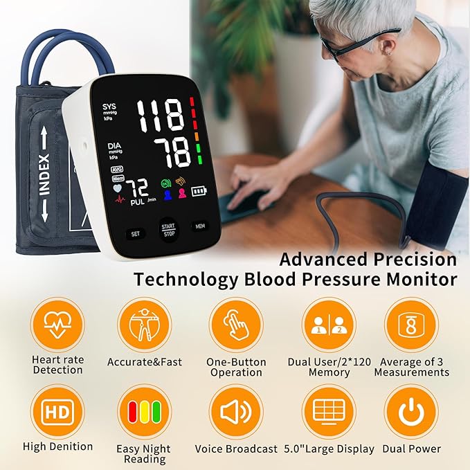 Blood Pressure Monitor, Automatic Upper Arm Blood Pressure Machine with 2x120 Readout, 9 to 17 Inch Adjustable Large Cuff 5 Inch Backlit Large Screen, Arrhythmia and Home Hypertension Detector