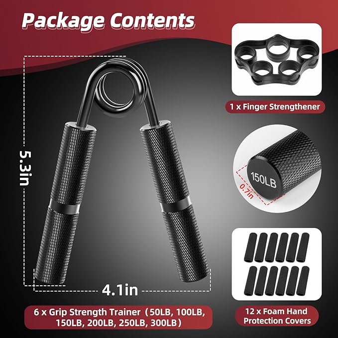 Hand Grip Strengthener Set, 6-Pack 50LB to 300LB Hand Grips Finger Strengthener, Heavy-Duty Grip Strength Trainer with Protective Foam for Forearm Exercise, Hand Gripper, Hand Therapy, Ideal for Home Gym and Muscle Building