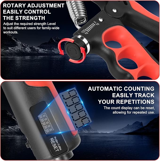 Keria Adjustable Hand Grip Strengthener(11-220Lbs), Grip Strength Trainer with Auto-Click Digital Counter, Ergonomic Forearm Trainer for Athletes, Musicians, Physical Therapy