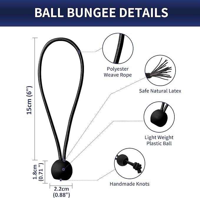 6 Inch Ball Bungee Cords, Heavy Duty UV Resistant Elastic Strap, Reusable Tie Down Cord with Balls, Indoor Outdoor Cords for Golf Net, Soccer Goals, Camping, Tent Poles, Hose (Black, 50 Pack)